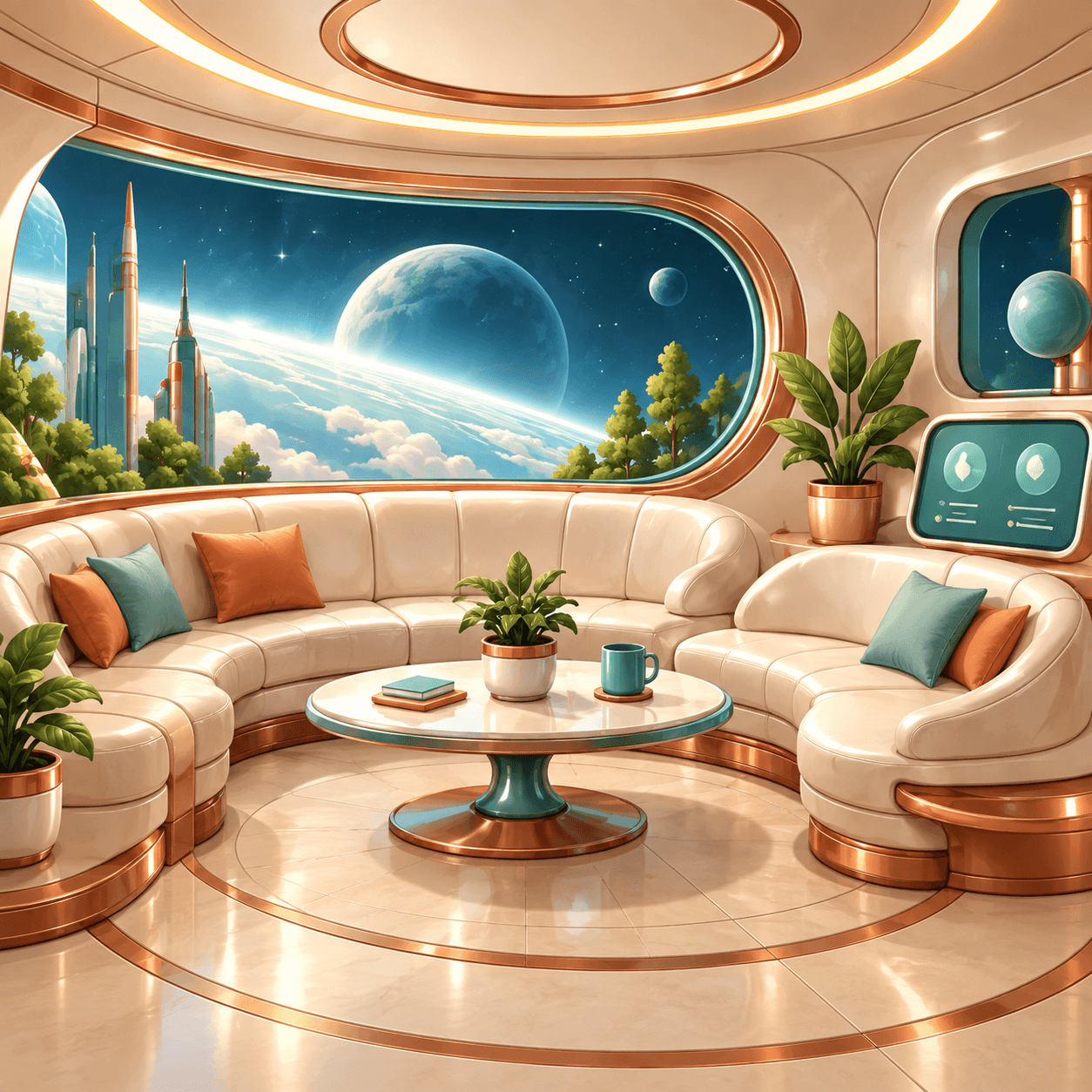 A warm living room inside a domed home