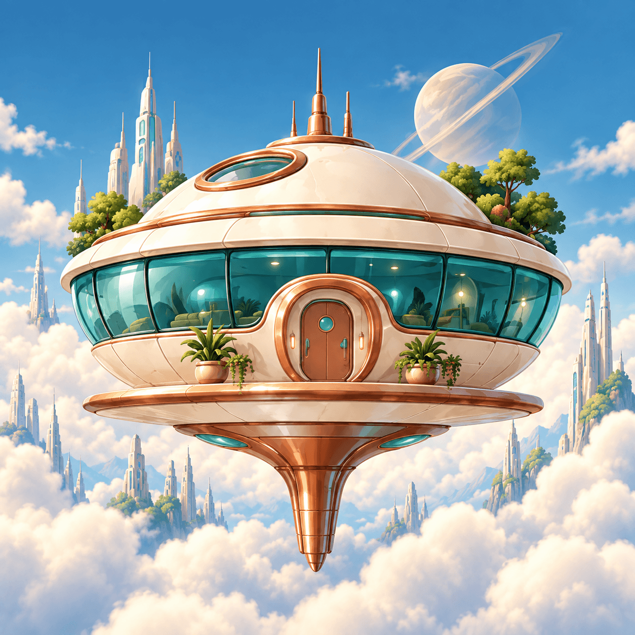 A cream and copper home floating among clouds